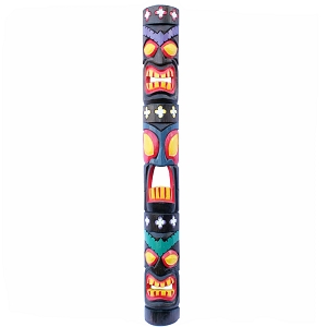 60 in. Three Face Totem, Tropical Hand-Carved Colorful Wood Art Tiki Mask Flower Decoration